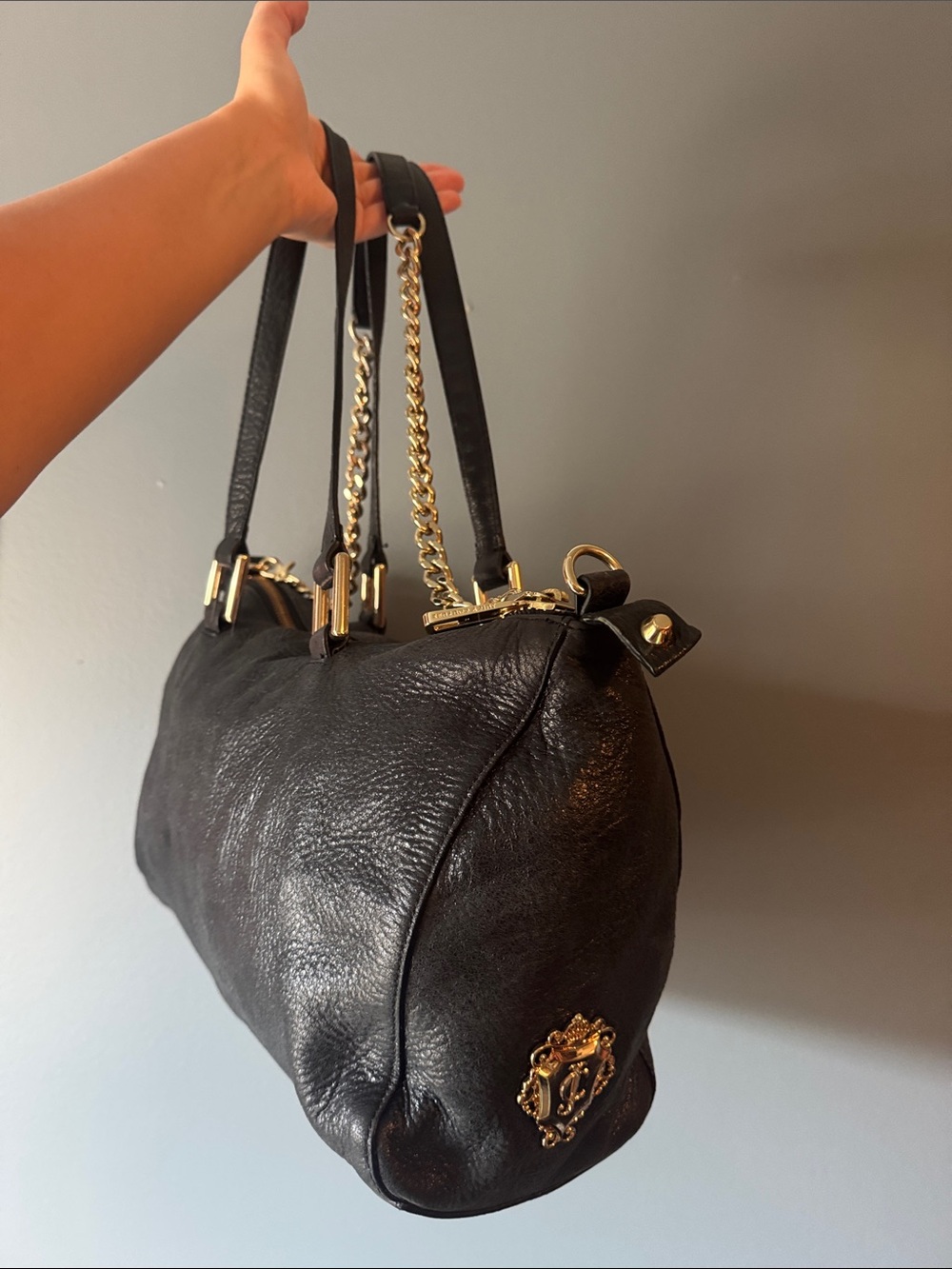 Juicy Couture Black Leather Shoulder Bag with Gold Chain Handles